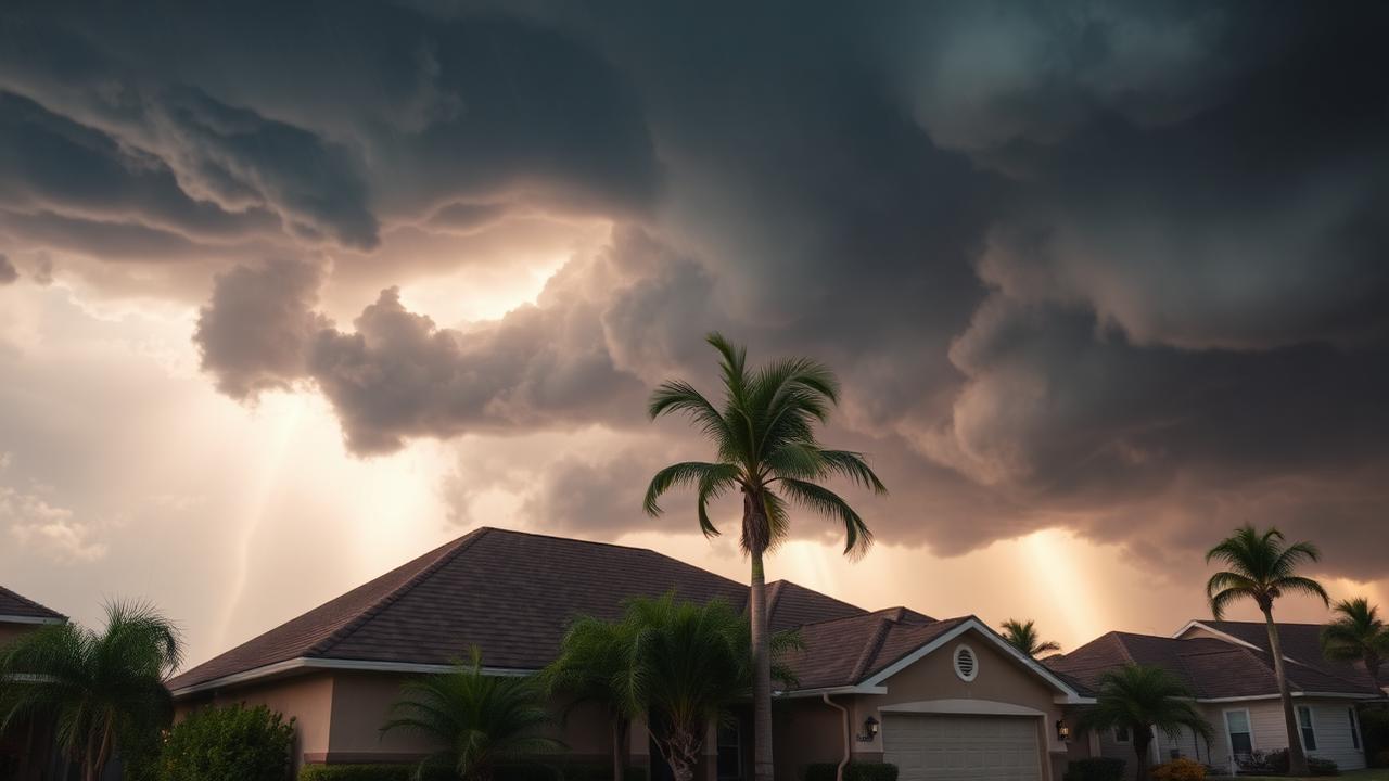 Texas homes beneath powerful storm clouds before severe wind